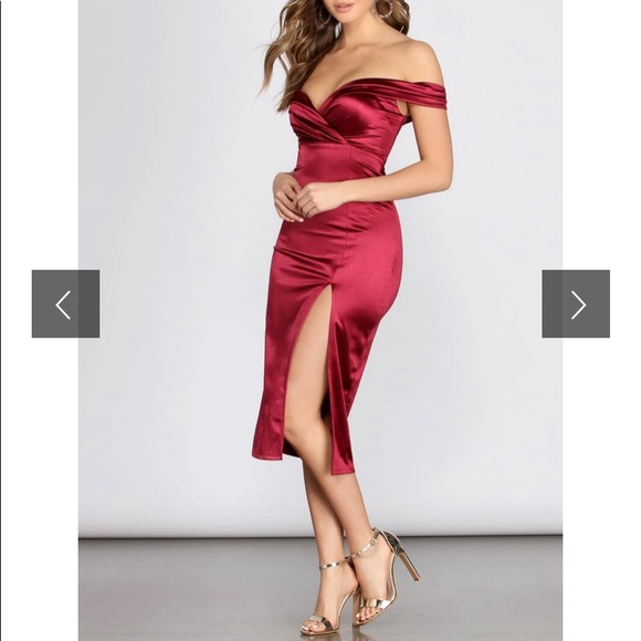 NWT Burgundy Satin Off The Shoulder Midi Dress - Picture 3 of 6